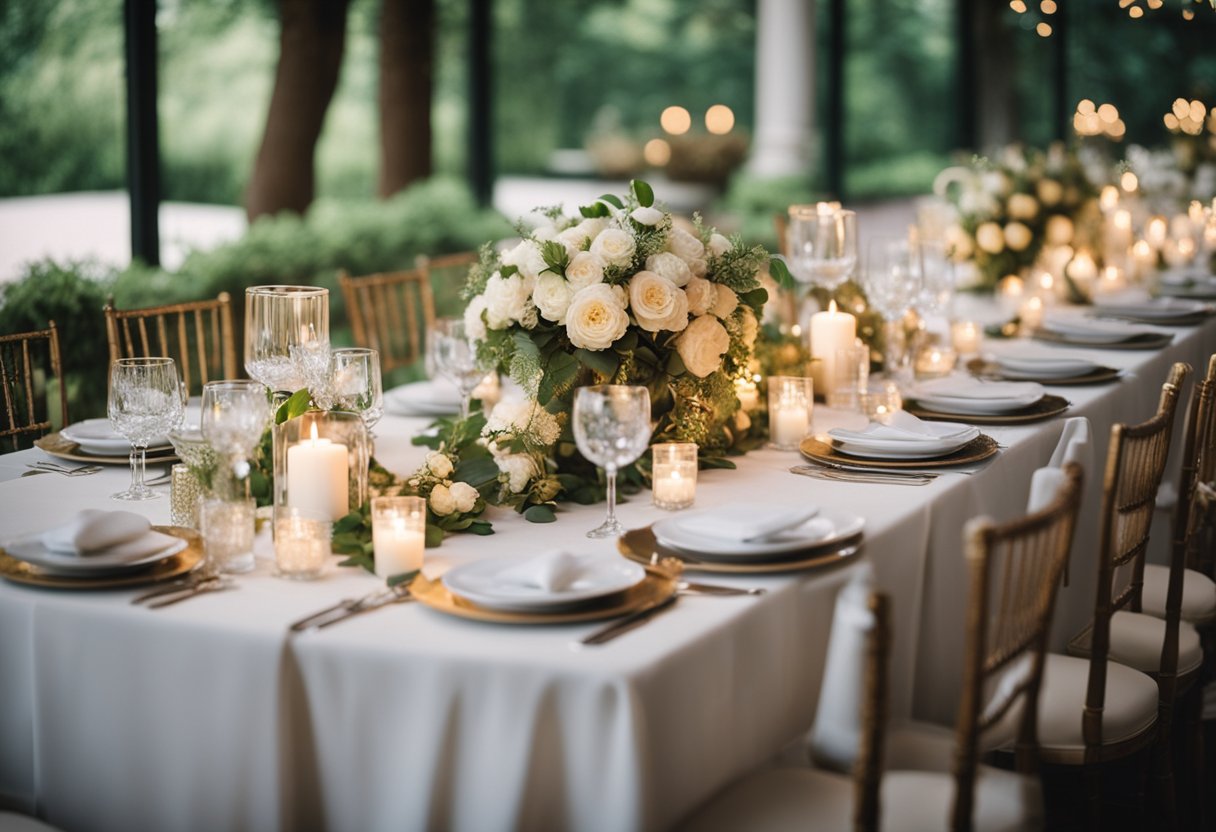 A beautifully decorated bridal table with elegant place settings and floral centerpieces