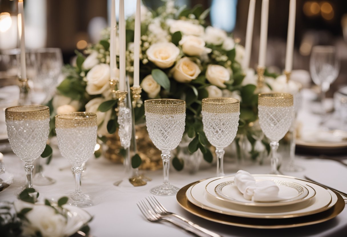 A beautifully decorated bridal table with elegant place settings, floral centerpieces, and sparkling glassware