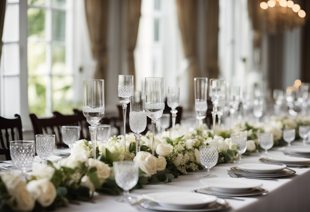 A long, elegant table set with fine china, crystal glasses, and floral centerpieces. A white tablecloth drapes to the floor, with chairs lined up neatly on either side