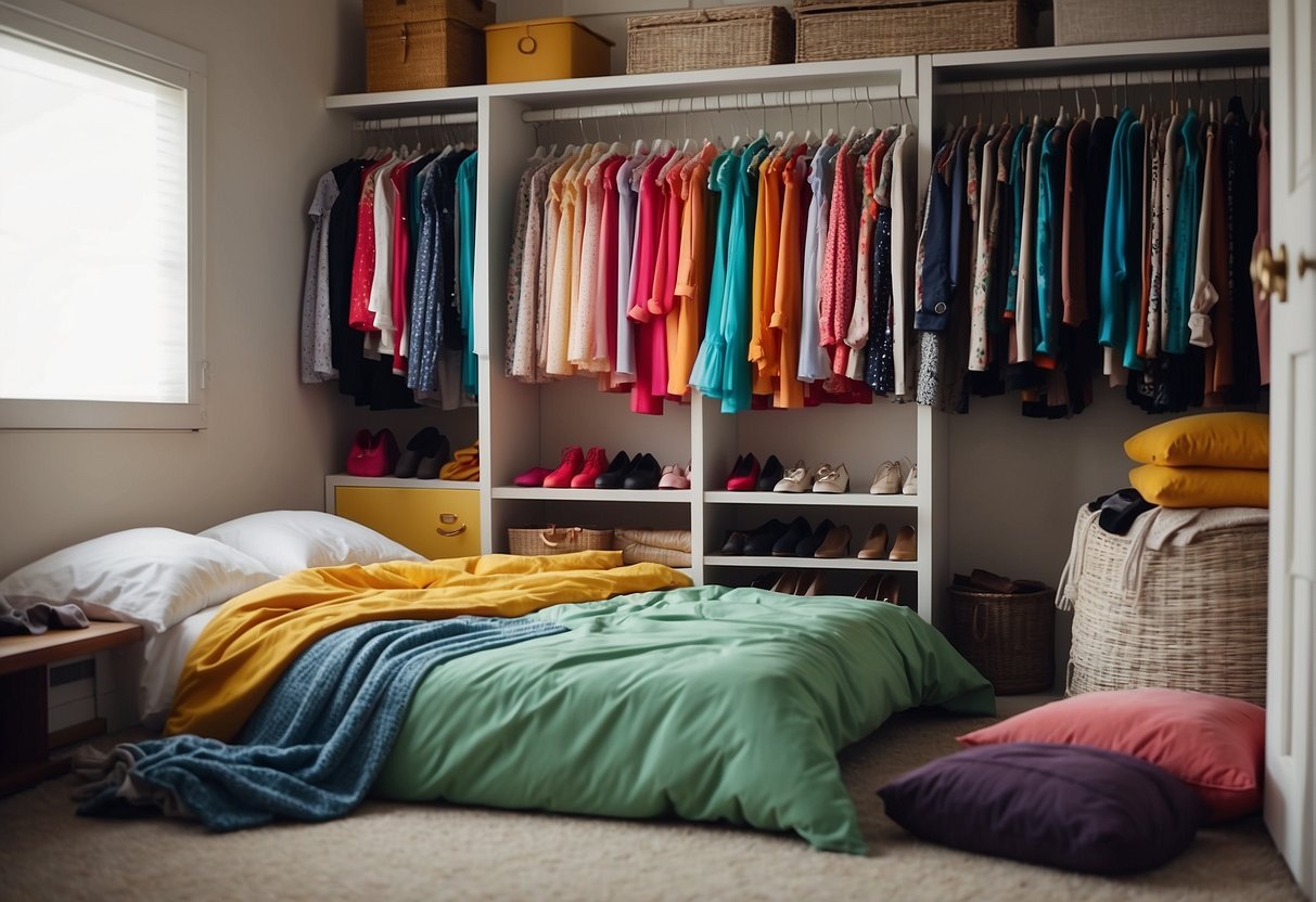 A teenage bedroom with a collection of colorful dresses hanging in the closet and scattered on the bed and floor