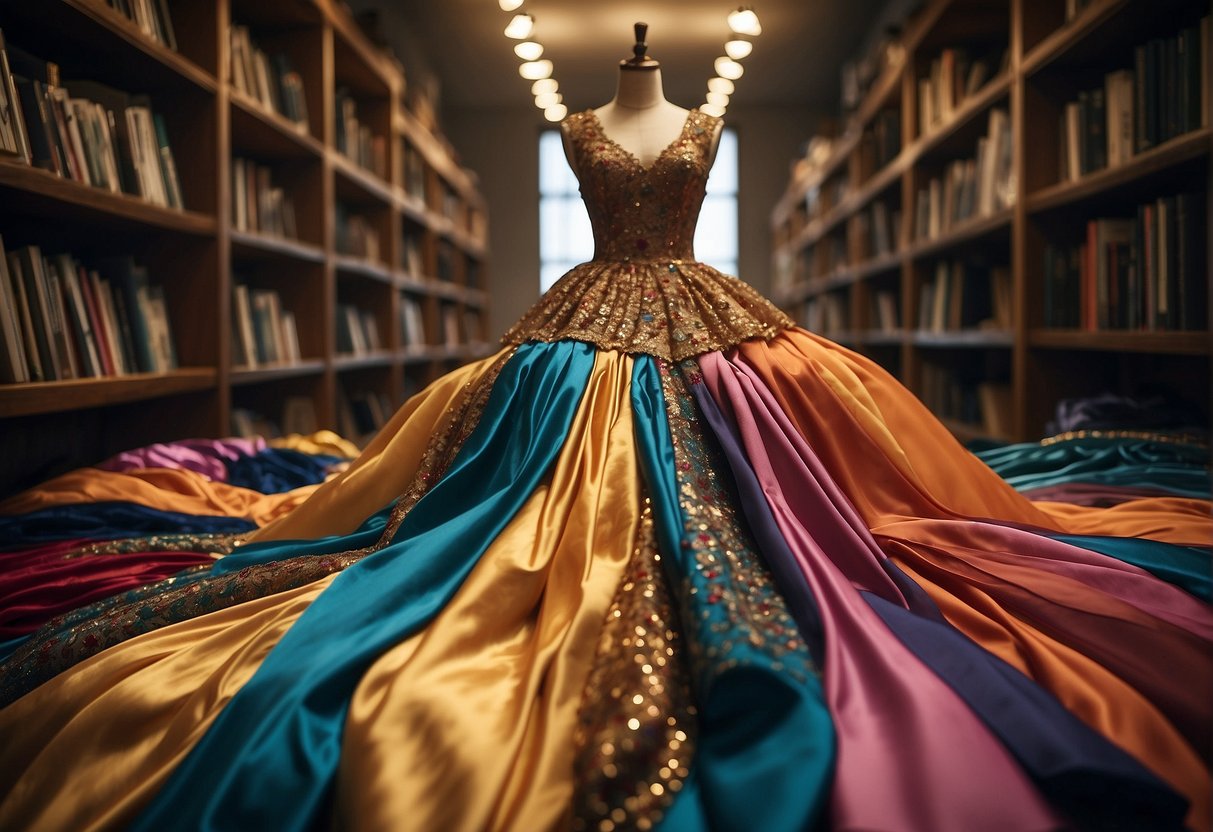 A pile of colorful dresses scattered on the floor, with a mirror reflecting a figure in the background. A bookshelf filled with resources and further reading on the topic