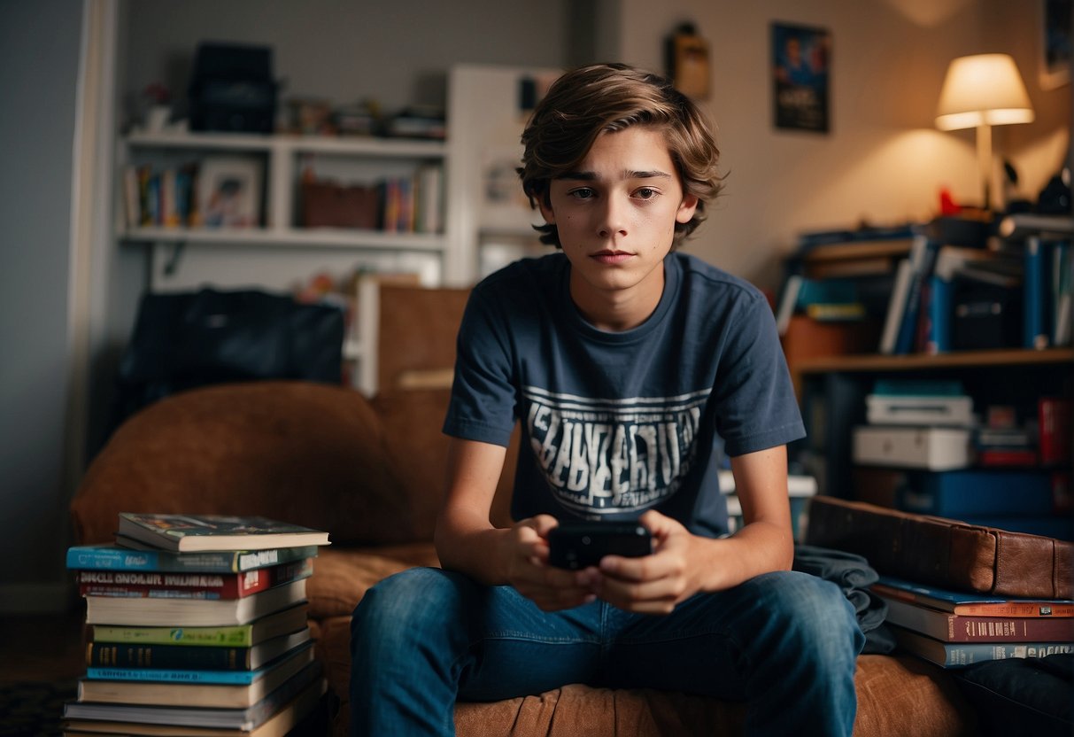 A teenage boy sits alone in his room, surrounded by books and video games. His phone remains silent as he stares at the screen, longing for social interaction