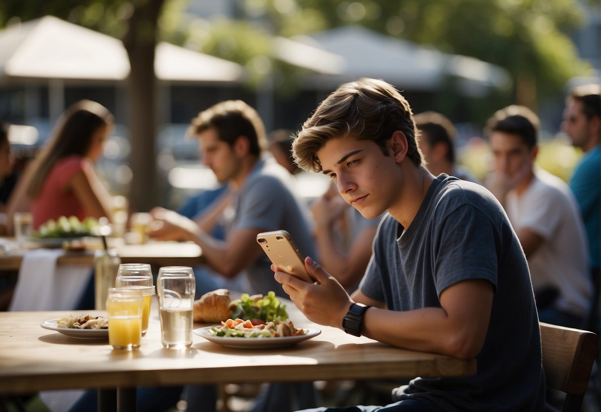 A teenage boy sits alone at a lunch table, surrounded by chatting peers. He looks down at his phone, isolated and disconnected