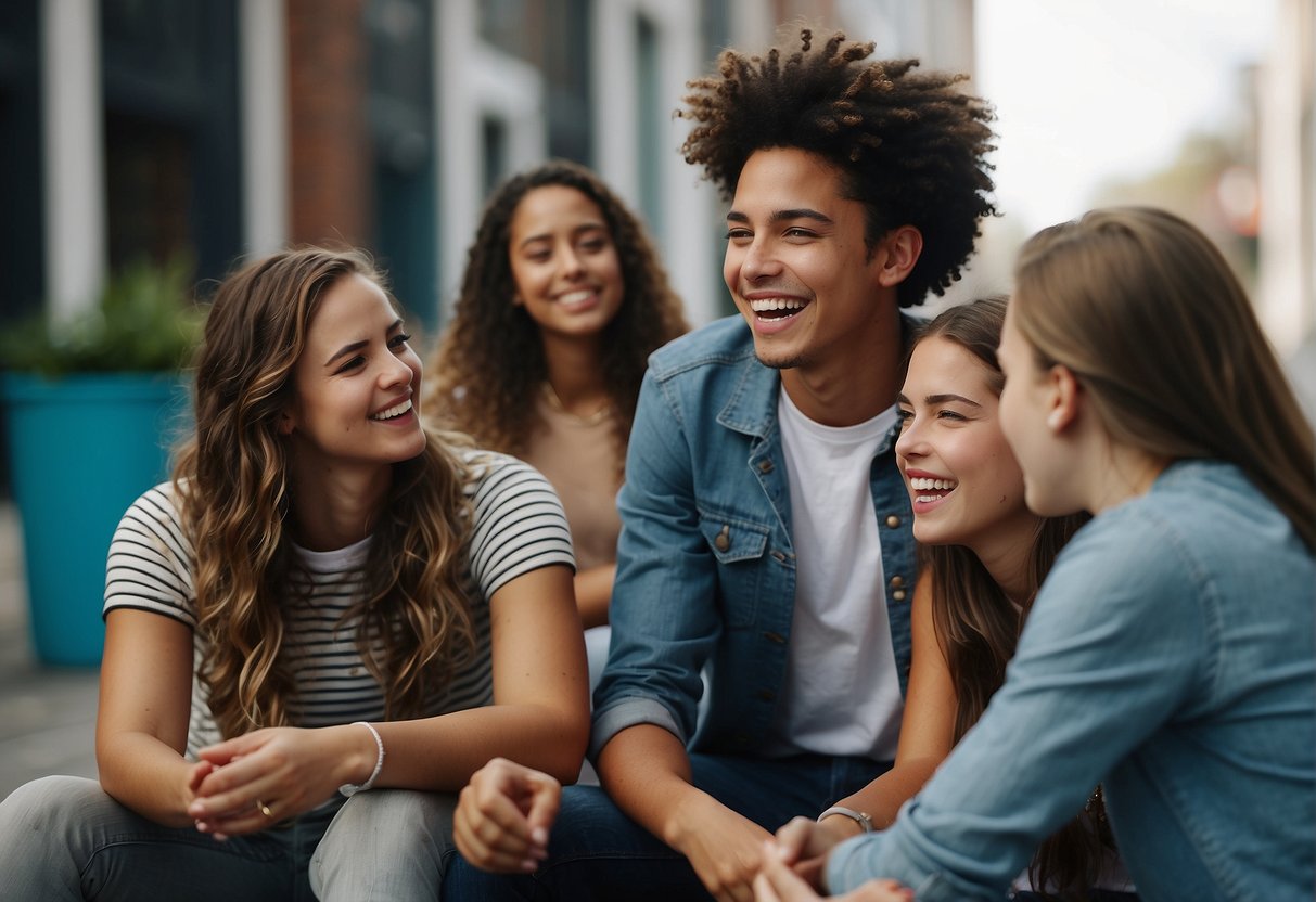 A group of smiling teenagers engage in conversation, laughing and sharing stories. They appear comfortable and connected, demonstrating positive social engagement
