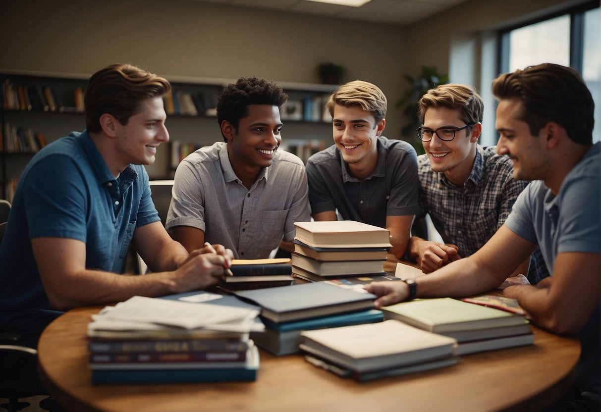 A group of professionals gather around a teenager, offering support and resources to help him build a social life. Books, computers, and supportive materials are visible in the background