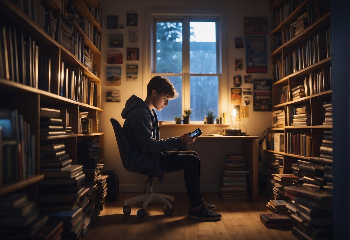 A teenage boy sits alone in his room, surrounded by books and video games. His phone remains untouched as he stares at the wall, lost in his thoughts
