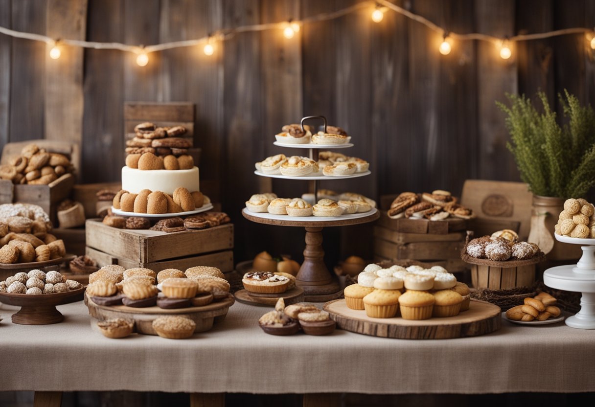 A rustic dessert table adorned with wooden crates, burlap table runners, and vintage cake stands displaying an array of homemade treats and pastries