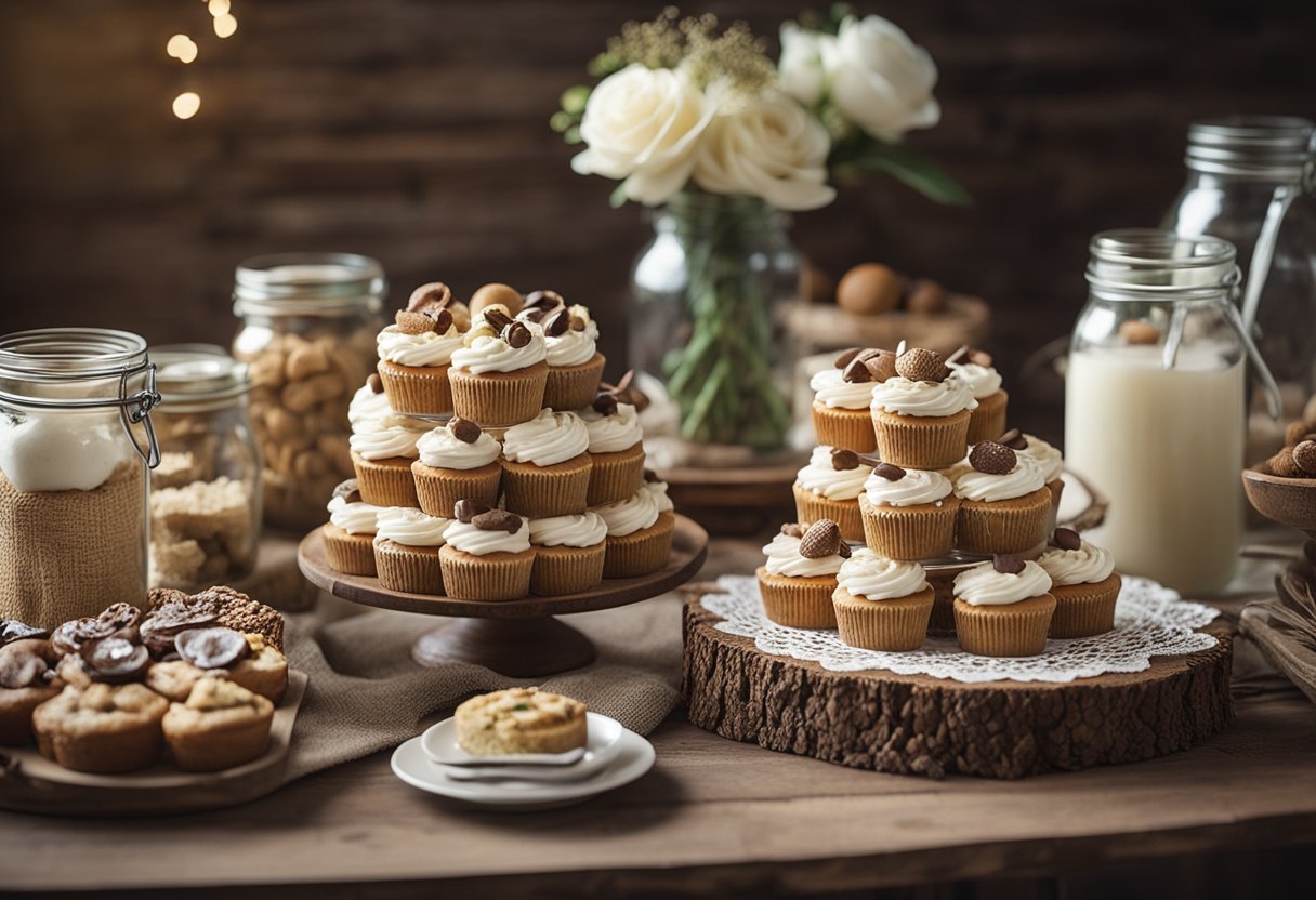 A wooden table adorned with burlap and lace, holding an array of vintage cake stands and mason jars filled with assorted rustic desserts