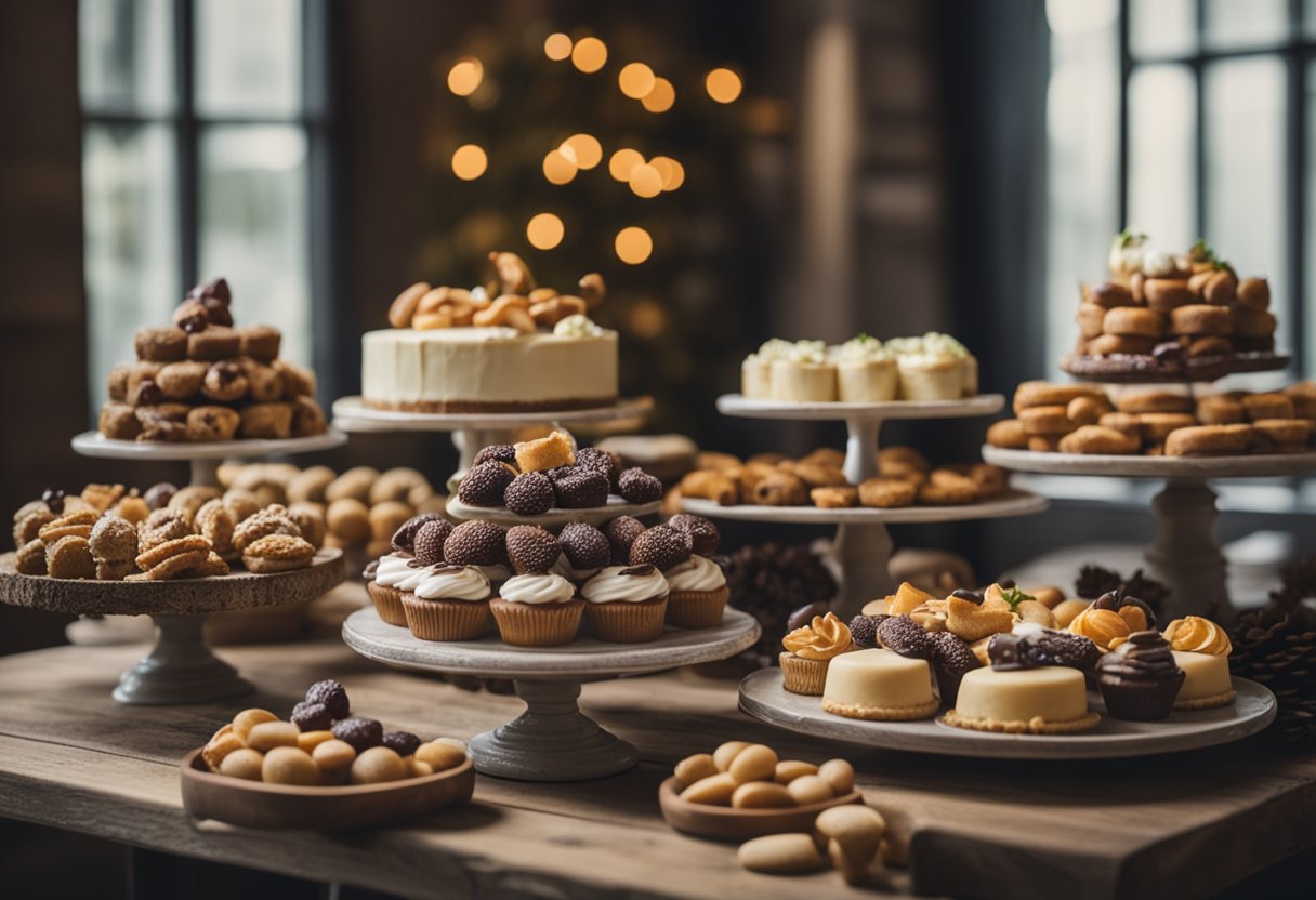 A rustic dessert table adorned with an array of delectable treats and sweets