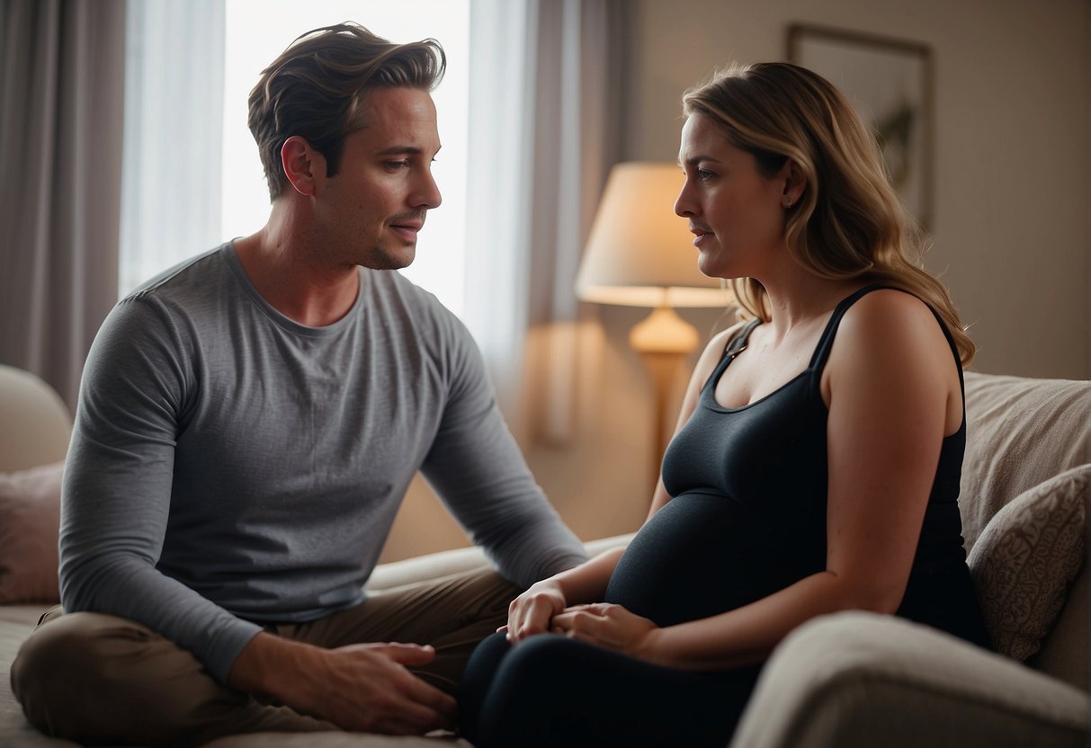 A pregnant woman sits with her hands on her belly, a thoughtful expression on her face as she listens to her boyfriend's observation about her changing body