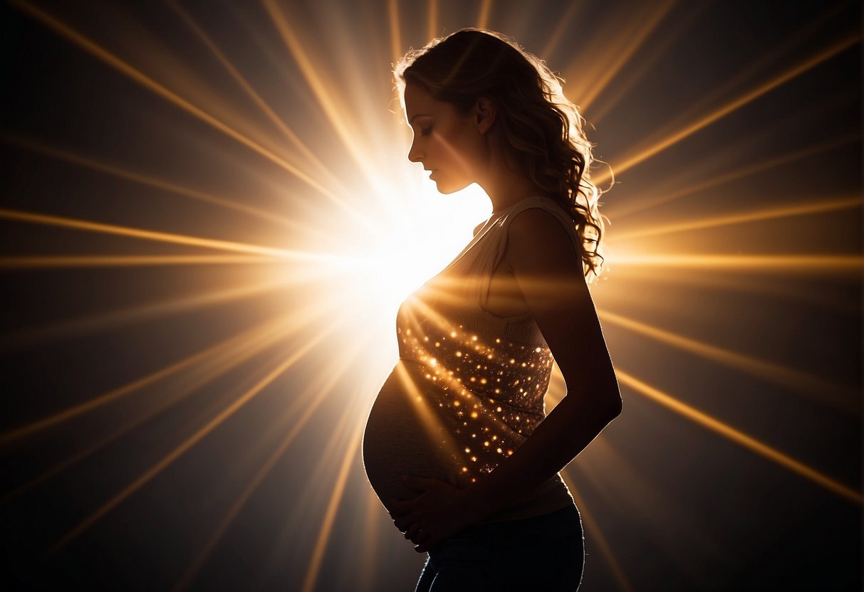 A pregnant woman's silhouette with a glowing, radiant aura surrounding her abdomen, indicating a sense of change and transformation within her body
