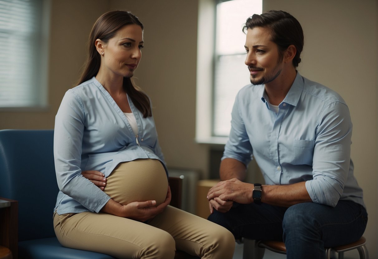 A pregnant woman sits in a chair while a man stands behind her, gently applying pressure to her back. A medical professional observes and offers guidance