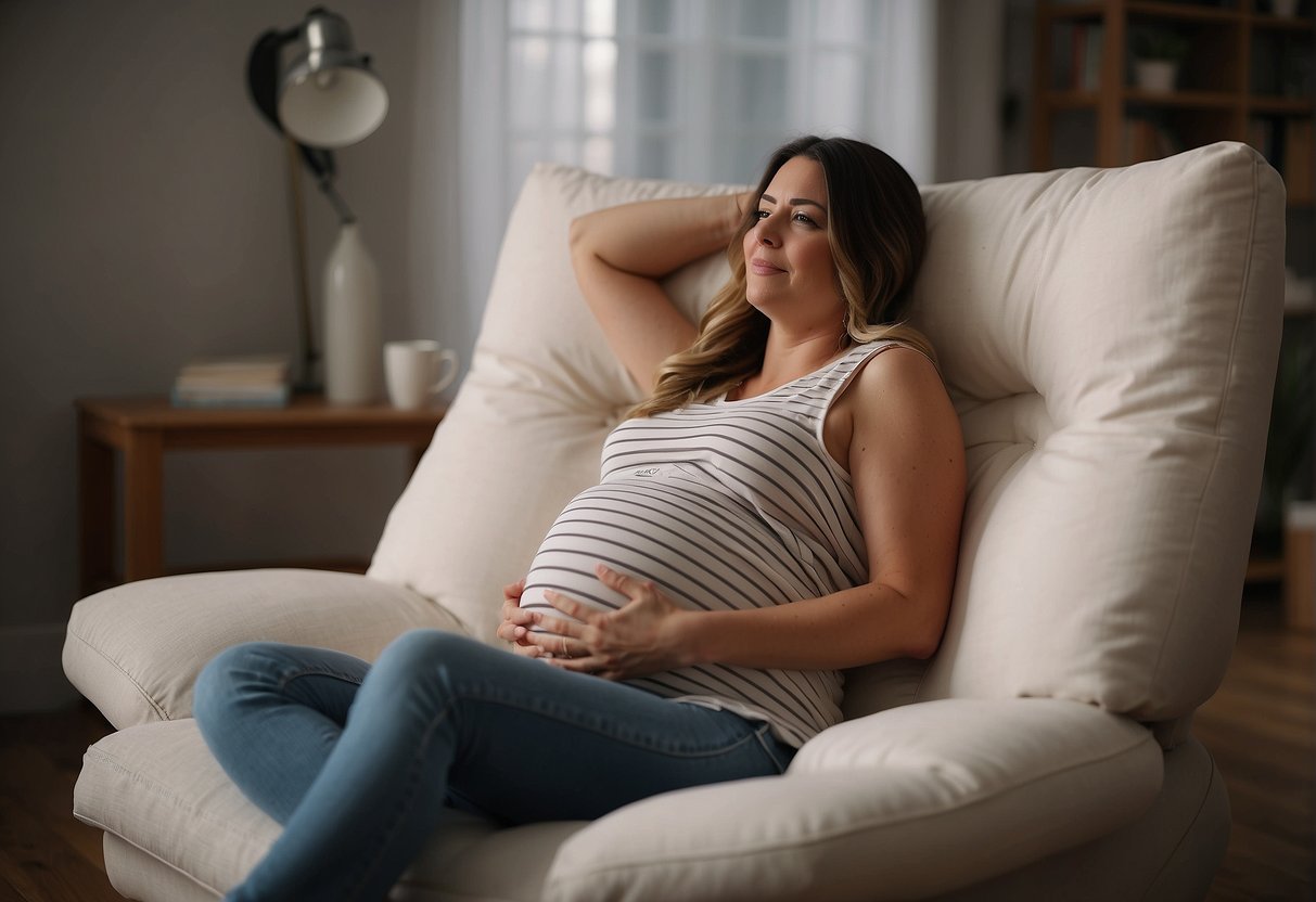 A pregnant woman sits on a supportive chair, surrounded by pillows. She gently stretches her arms above her head, taking deep breaths to maintain spinal health and comfort