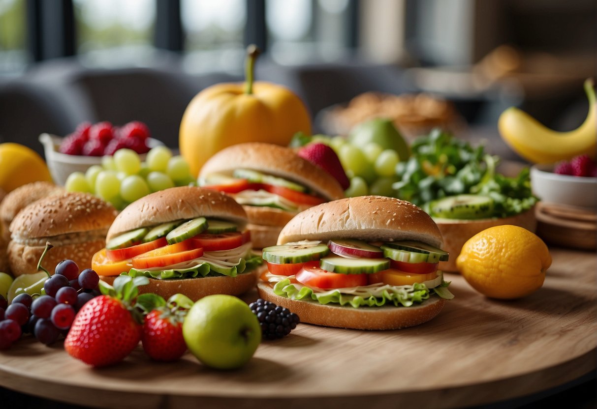A colorful spread of nutritious, kid-friendly dishes arranged on a table, including vibrant fruits, veggies, and fun-shaped sandwiches