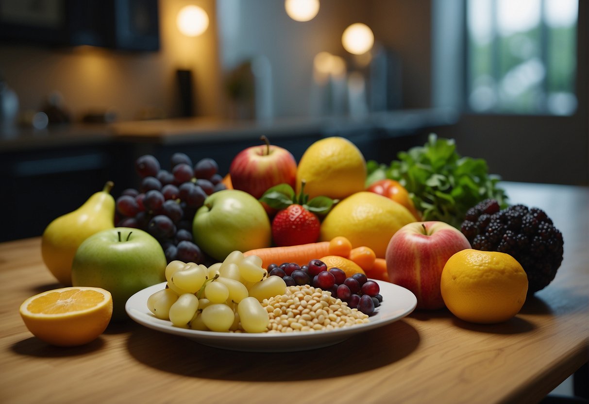 Colorful array of fruits, vegetables, and whole grains arranged on a table. A child's plate with small portions and a hesitant expression