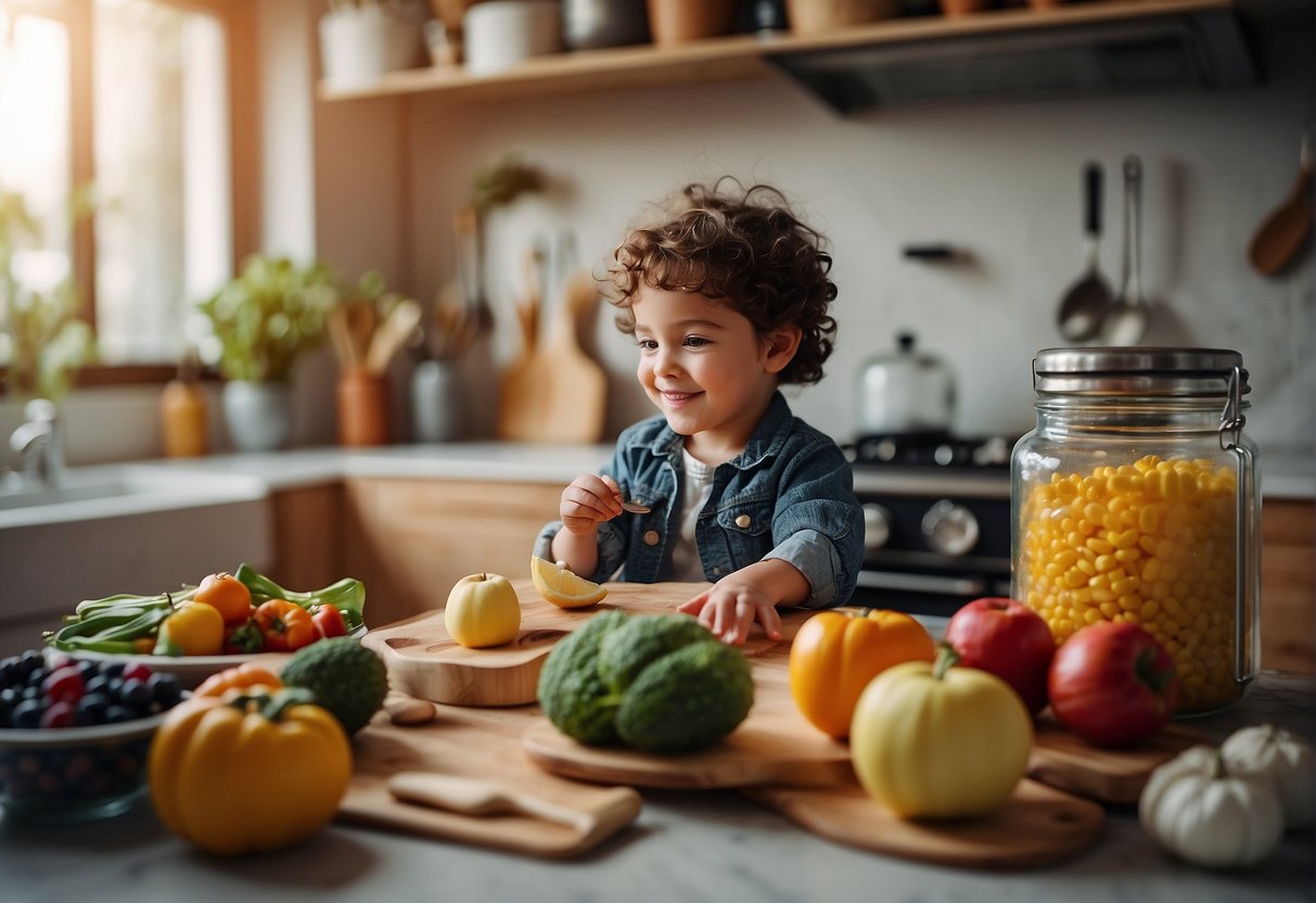 A colorful kitchen with simple ingredients and utensils, a timer set for 30 minutes, and a happy, child-friendly atmosphere