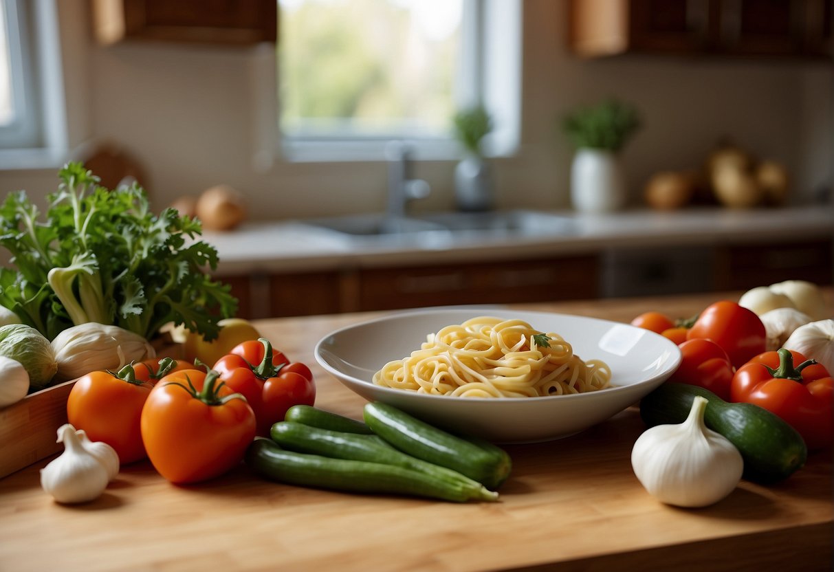 A kitchen counter with fresh vegetables, pasta, chicken, and cooking utensils. A clock on the wall shows 30 minutes. A child-friendly cookbook open to a recipe