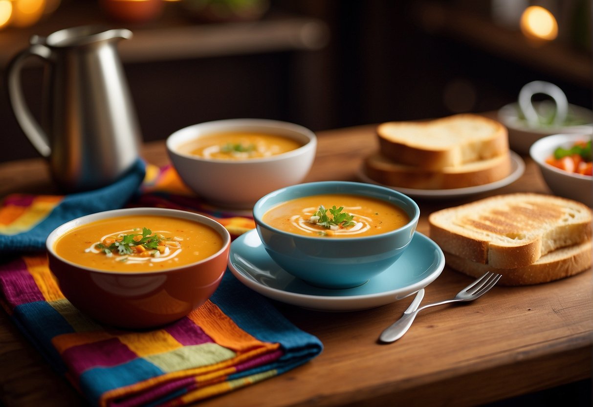 A cozy kitchen table set with steaming bowls of soup, grilled cheese sandwiches, and hot cocoa, surrounded by colorful placemats and cheerful napkins