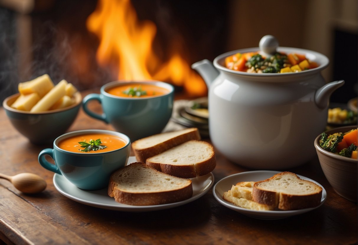 A cozy kitchen table set with steaming bowls of hearty soup, warm mugs of hot cocoa, and colorful plates of roasted vegetables and grilled cheese sandwiches