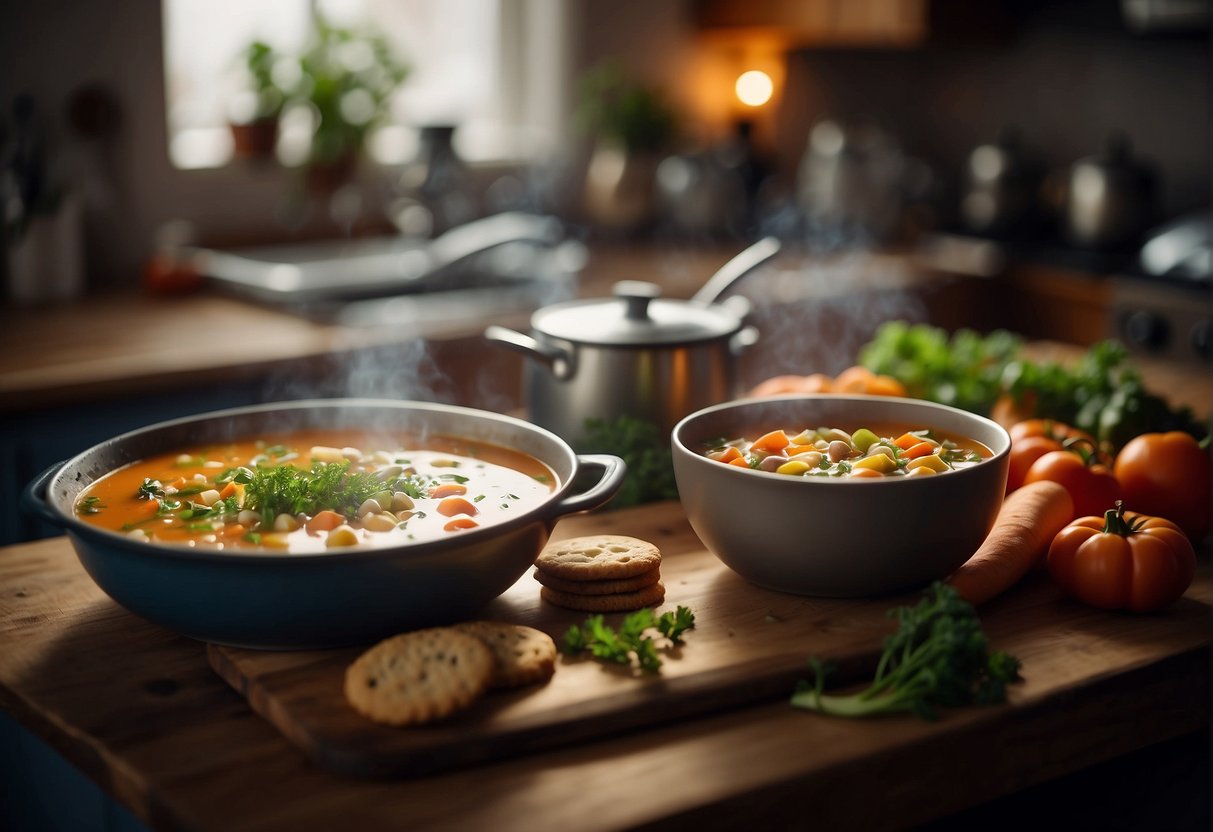 A cozy kitchen with a steaming pot of hearty soup, a colorful array of fresh vegetables, and a tray of freshly baked cookies