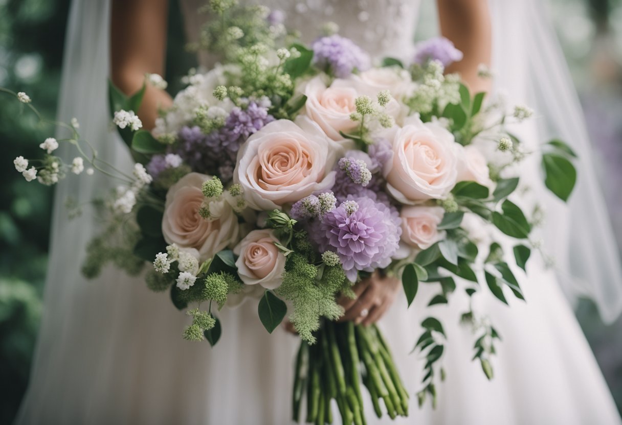 Pastel wedding flowers arranged in a delicate, cascading bouquet. Soft pinks, purples, and whites intertwine with lush greenery, creating a romantic and ethereal display