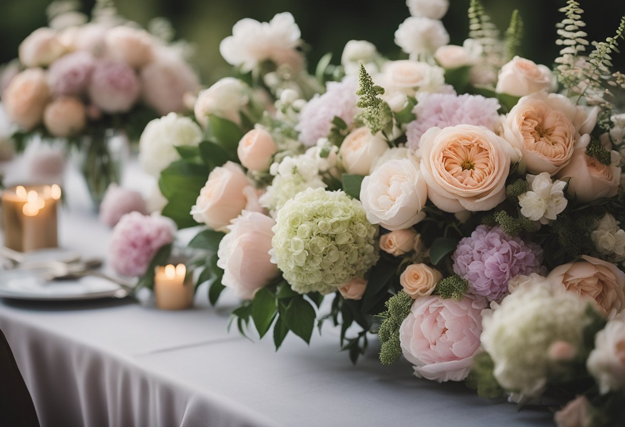 A table adorned with pastel wedding flowers in various hues and textures, including roses, peonies, and hydrangeas, arranged in a delicate and romantic manner