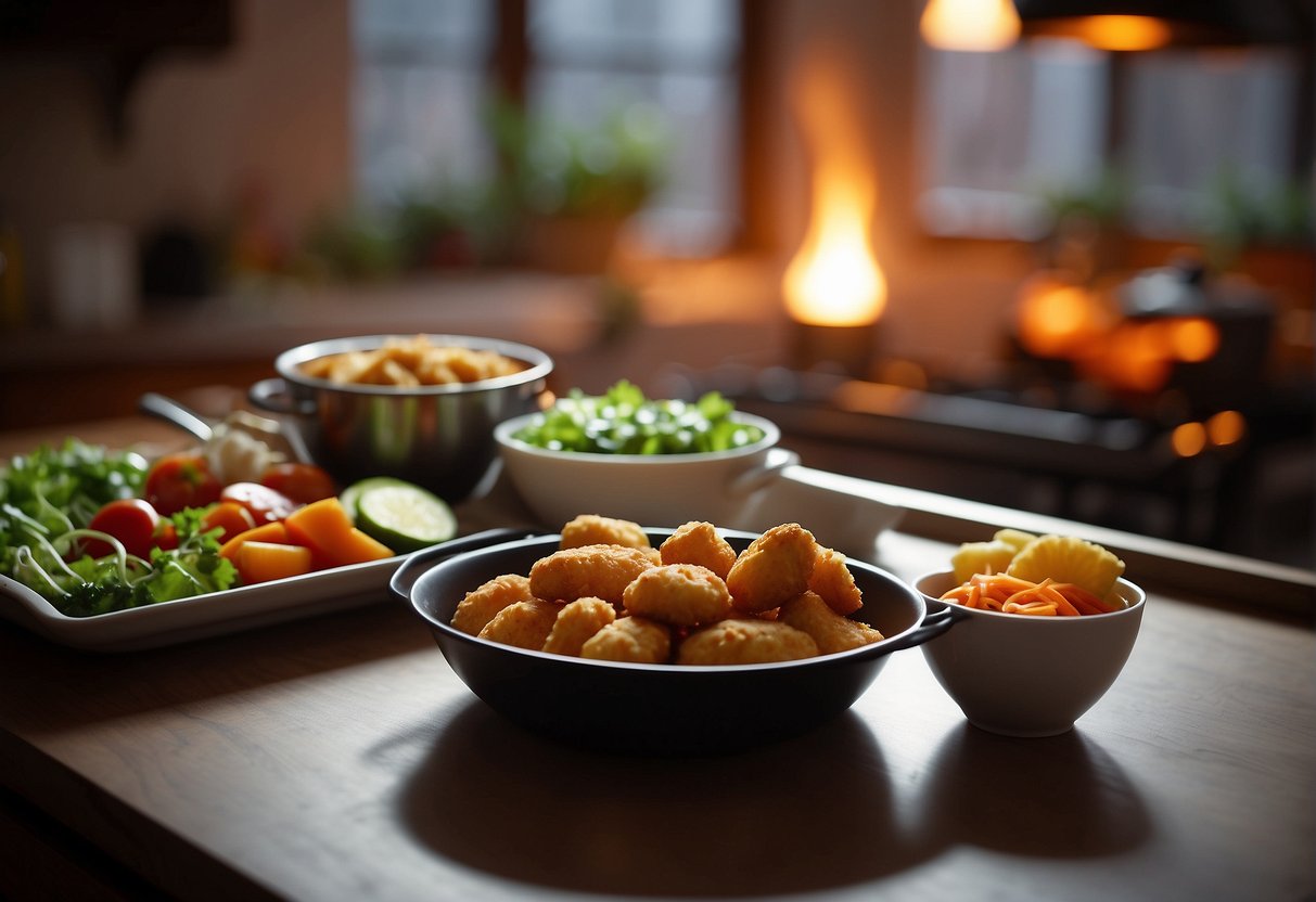 A cozy kitchen with a pot of steaming soup, a baking tray of golden chicken nuggets, and a colorful salad on the table