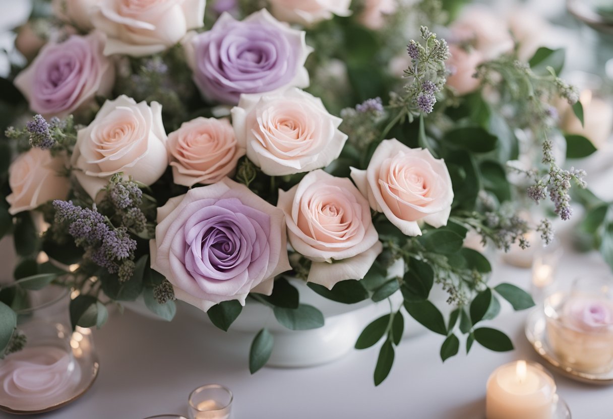 A table adorned with pastel floral arrangements, featuring soft pink roses, delicate lavender blooms, and lush greenery