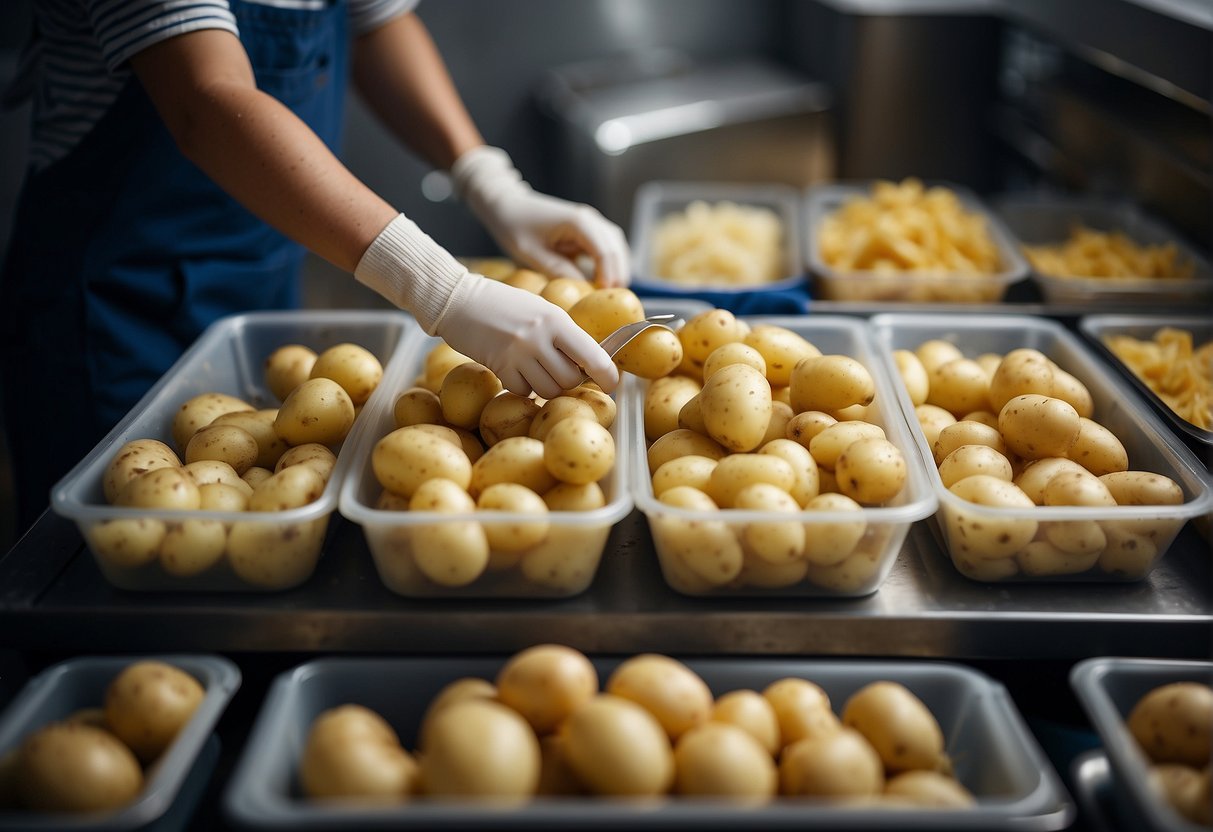 Potatoes being sliced, mashed, and stored in containers for kids' recipes