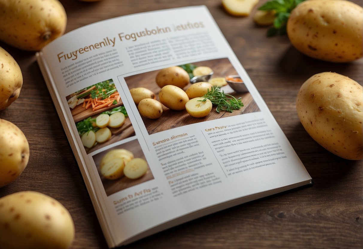 Potato-themed cookbook open to "Frequently Asked Questions" page, surrounded by playful, child-friendly illustrations