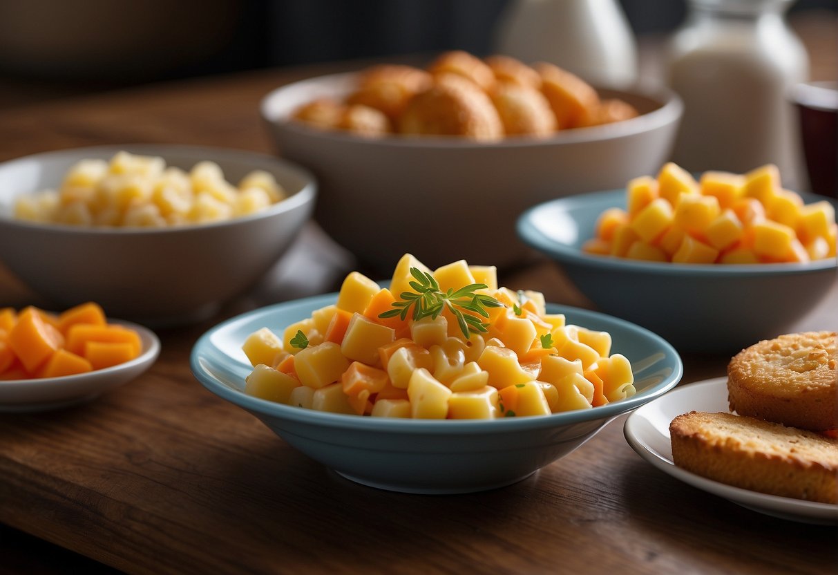 A table set with colorful, bite-sized side dishes: macaroni and cheese, carrot sticks, fruit salad, and mini cornbread muffins