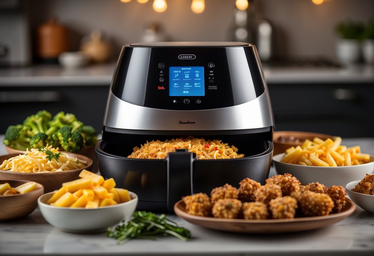 A variety of colorful and appetizing side dishes are arranged neatly around a modern air fryer, with a playful and kid-friendly atmosphere