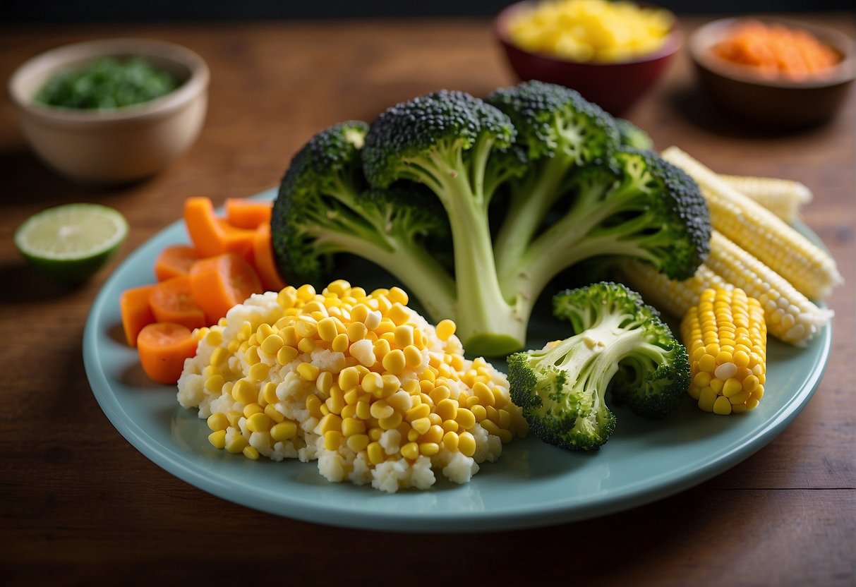 Colorful array of kid-friendly dinner sides: steamed broccoli, carrot sticks, corn on the cob, and mashed potatoes, arranged on a fun, vibrant plate