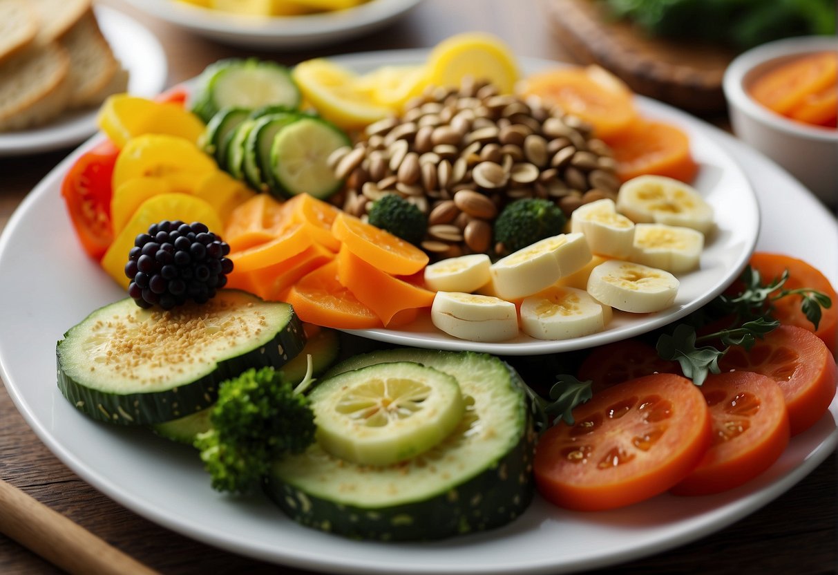 A colorful plate with a variety of healthy side options, such as steamed vegetables, fruit slices, and whole grain bread