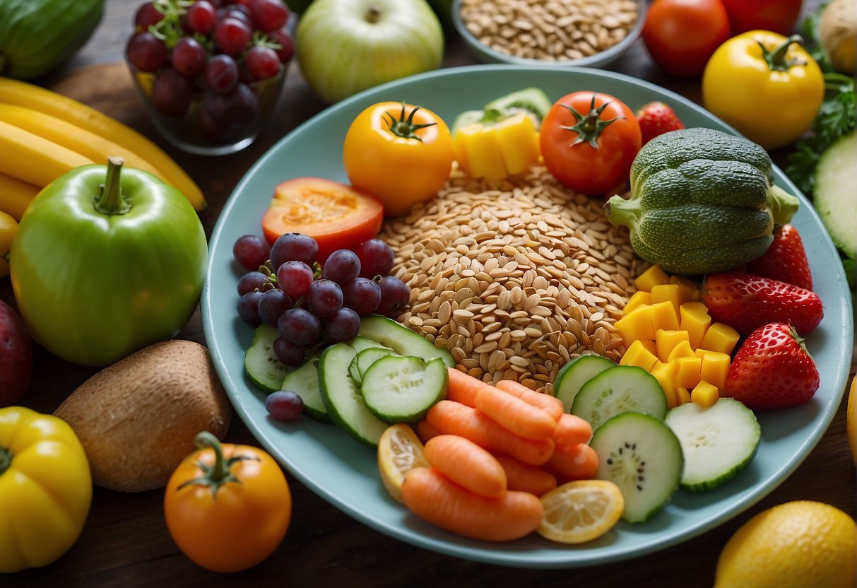 A colorful array of veggies, fruits, and whole grains arranged on a cheerful, kid-friendly plate
