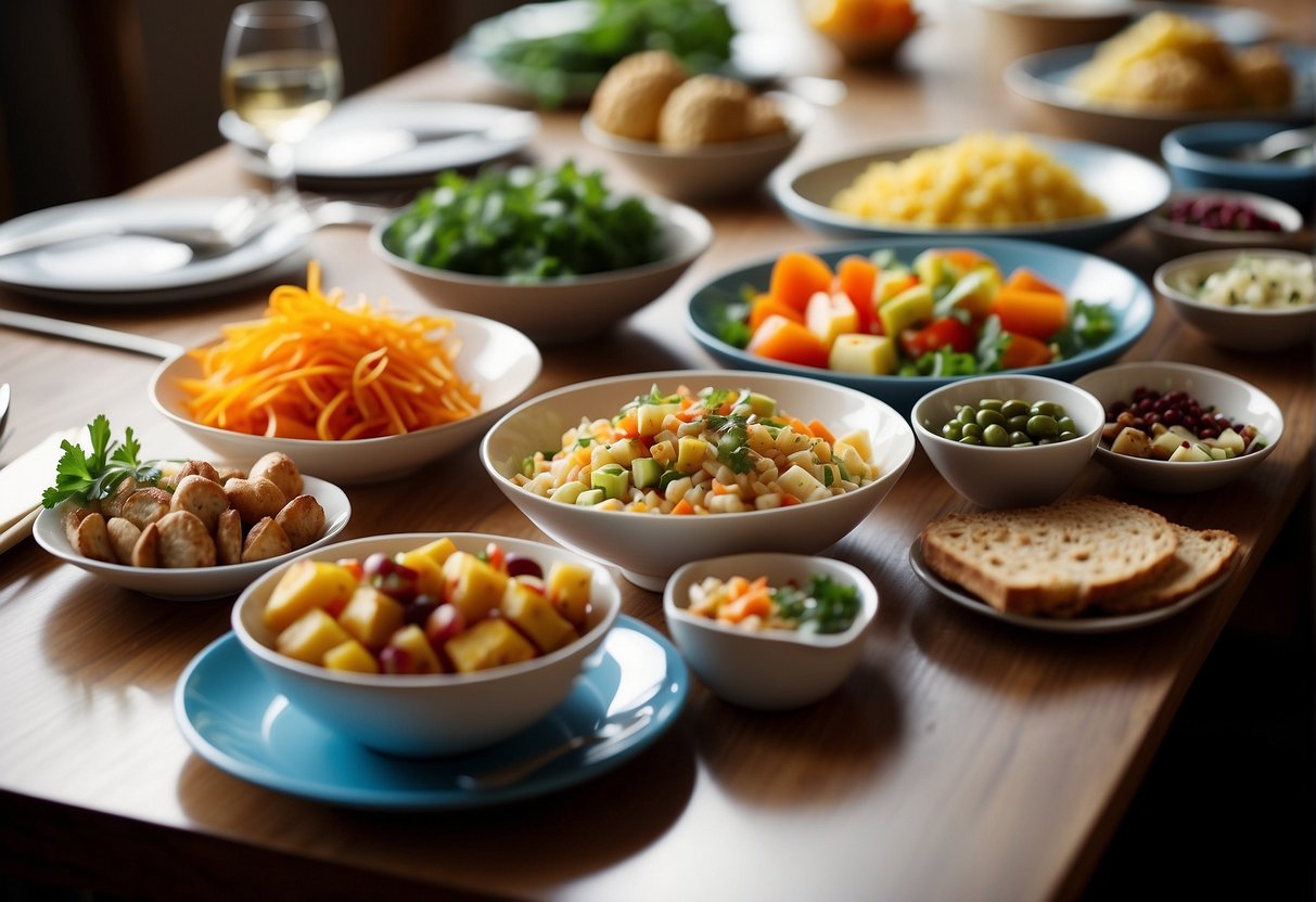 A colorful table setting with a variety of healthy and tasty side dishes arranged neatly on plates and bowls. Bright, inviting colors and appealing presentation