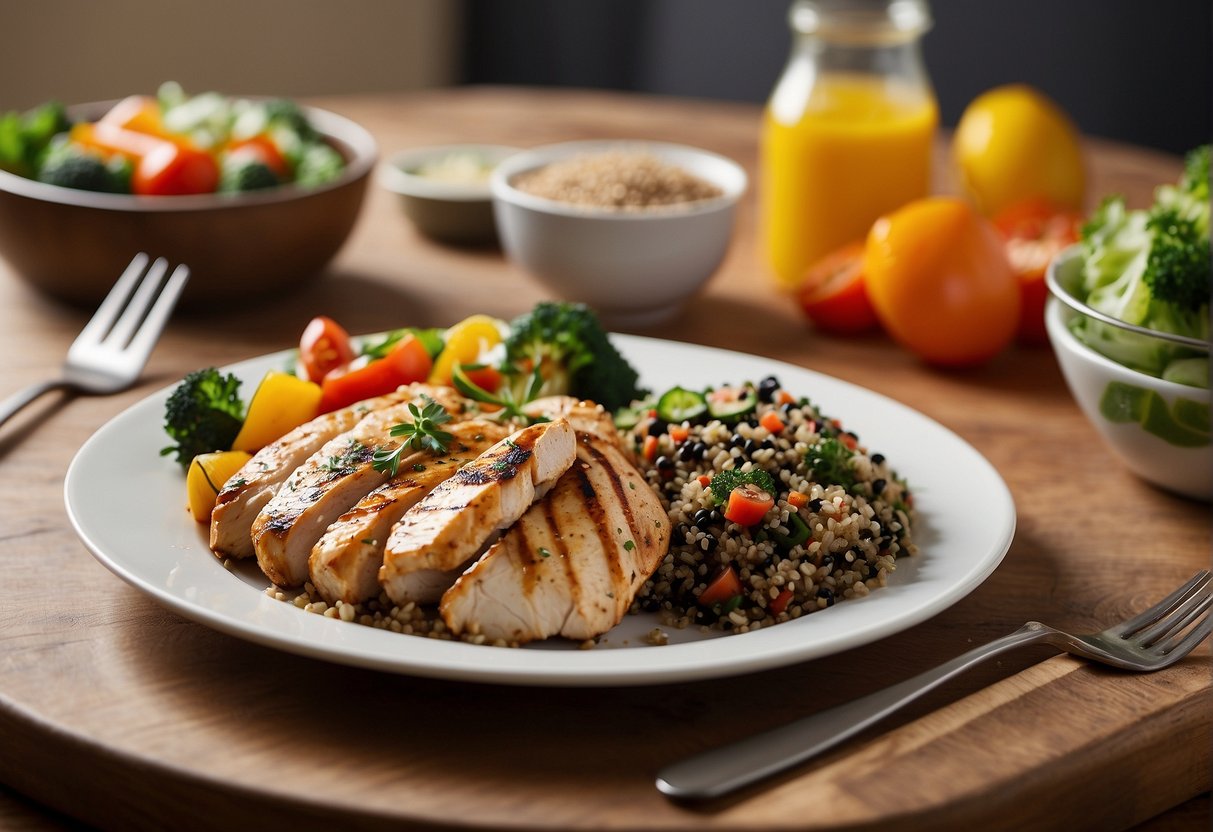 A colorful plate with grilled chicken, steamed vegetables, and a side of quinoa. Bright and inviting setting with a fork and knife on the side