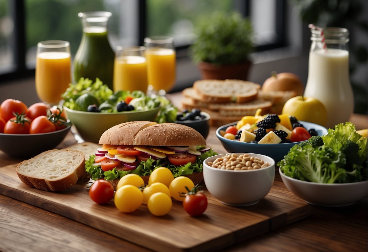 A table set with a variety of healthy and colorful foods, such as salads, sandwiches, fruits, and vegetables, with a glass of milk or water