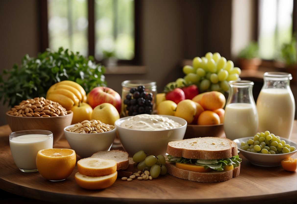 A table set with a variety of colorful fruits, vegetables, dairy products, and whole grains. A glass of milk and a plate of sandwiches are also present
