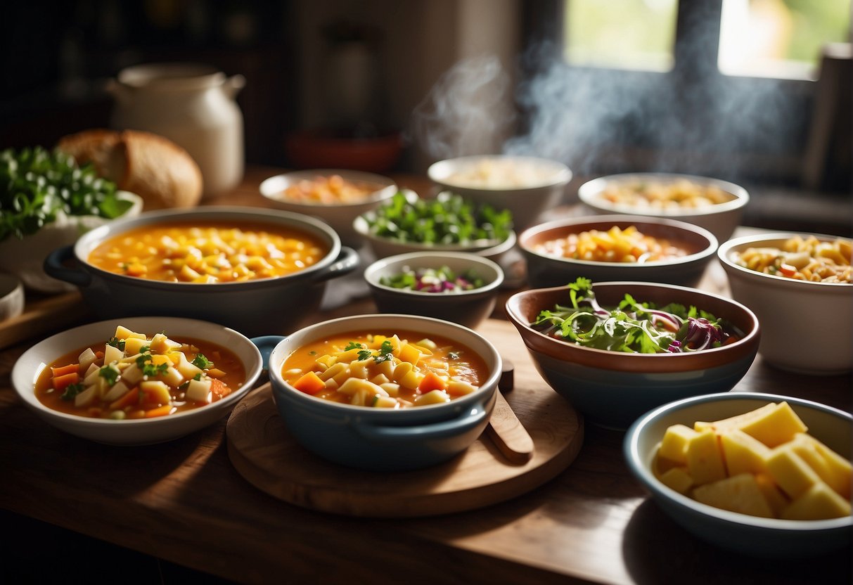 Steaming bowls of hearty soup and warm, cheesy casseroles sit on a cozy kitchen table, surrounded by fresh bread and colorful salads