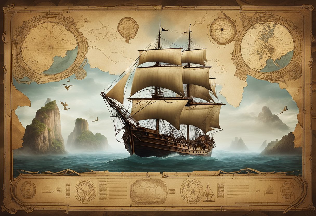 Phantom Islands Unveiled: The Mysterious Cartographic Errors of History - A ship sails through misty waters, surrounded by phantom islands that appear on ancient maps but never existed