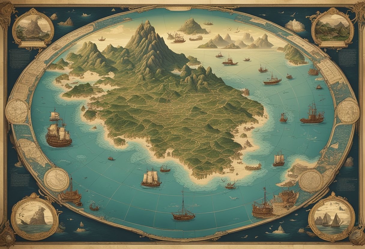 Phantom Islands Unveiled: The Mysterious Cartographic Errors of History - An ancient map unfurls, revealing intricate details of phantom islands, surrounded by swirling seas and mythical creatures