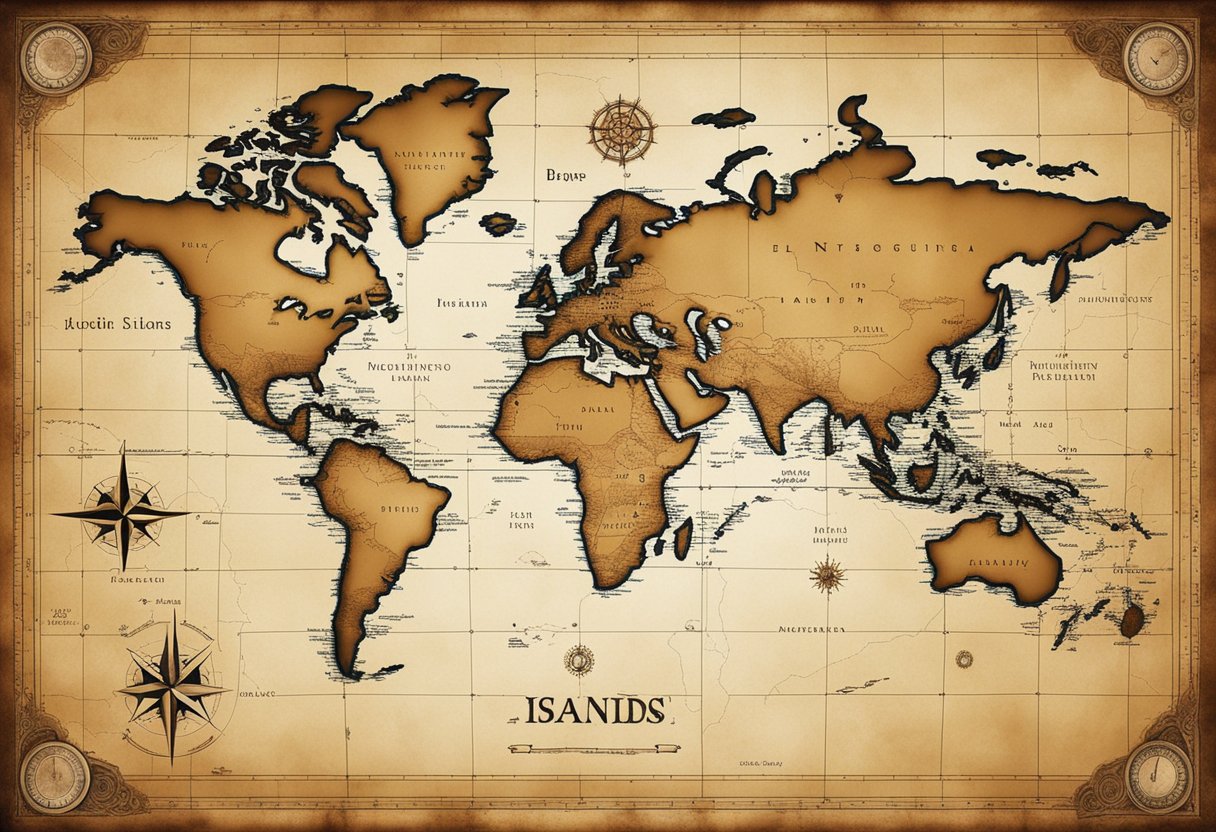 Phantom Islands Unveiled: The Mysterious Cartographic Errors of History - A map with dotted lines leading to imaginary islands, compass rose in the corner, and a faded parchment texture