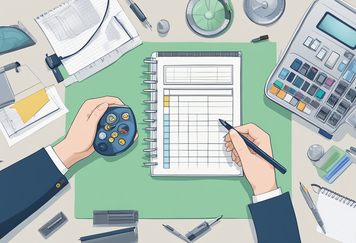 A hand holding a product, with a critical expression, surrounded by various testing equipment and a notepad for jotting down observations