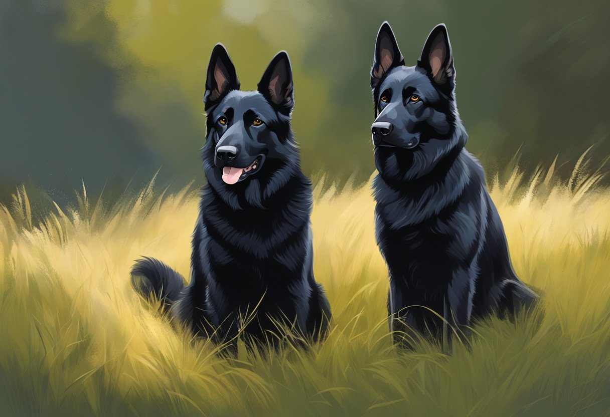 A achromatic  German Shepherd stands alert successful  a grassy field, ears perked and process    raised, with a focused and intelligent expression