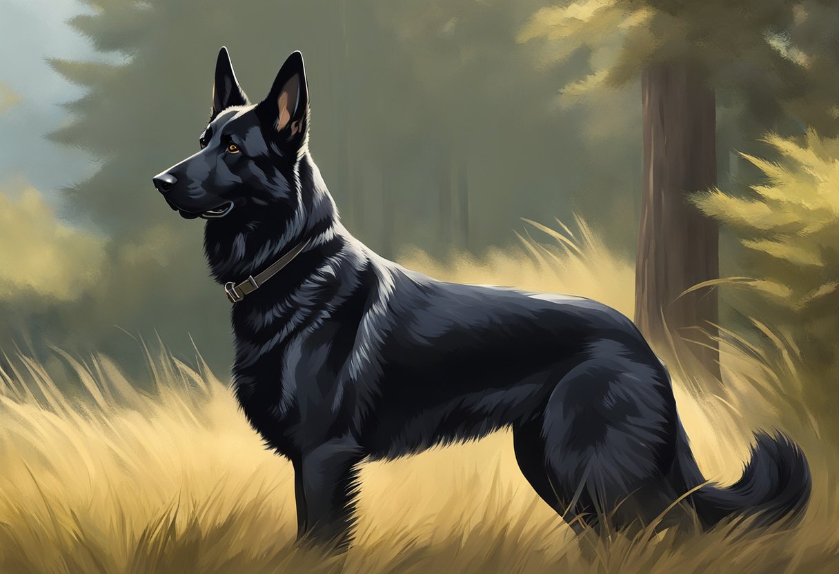 A black German Shepherd stands proudly, with pointed ears and a strong, muscular build. Its sleek coat glistens in the sunlight, exuding confidence and intelligence