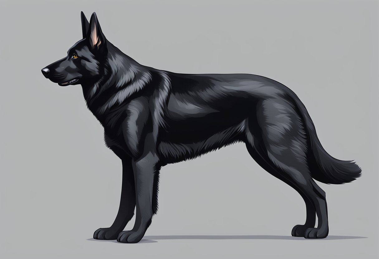 A black German Shepherd standing alert with erect ears, a strong muscular build, and a shiny, sleek coat