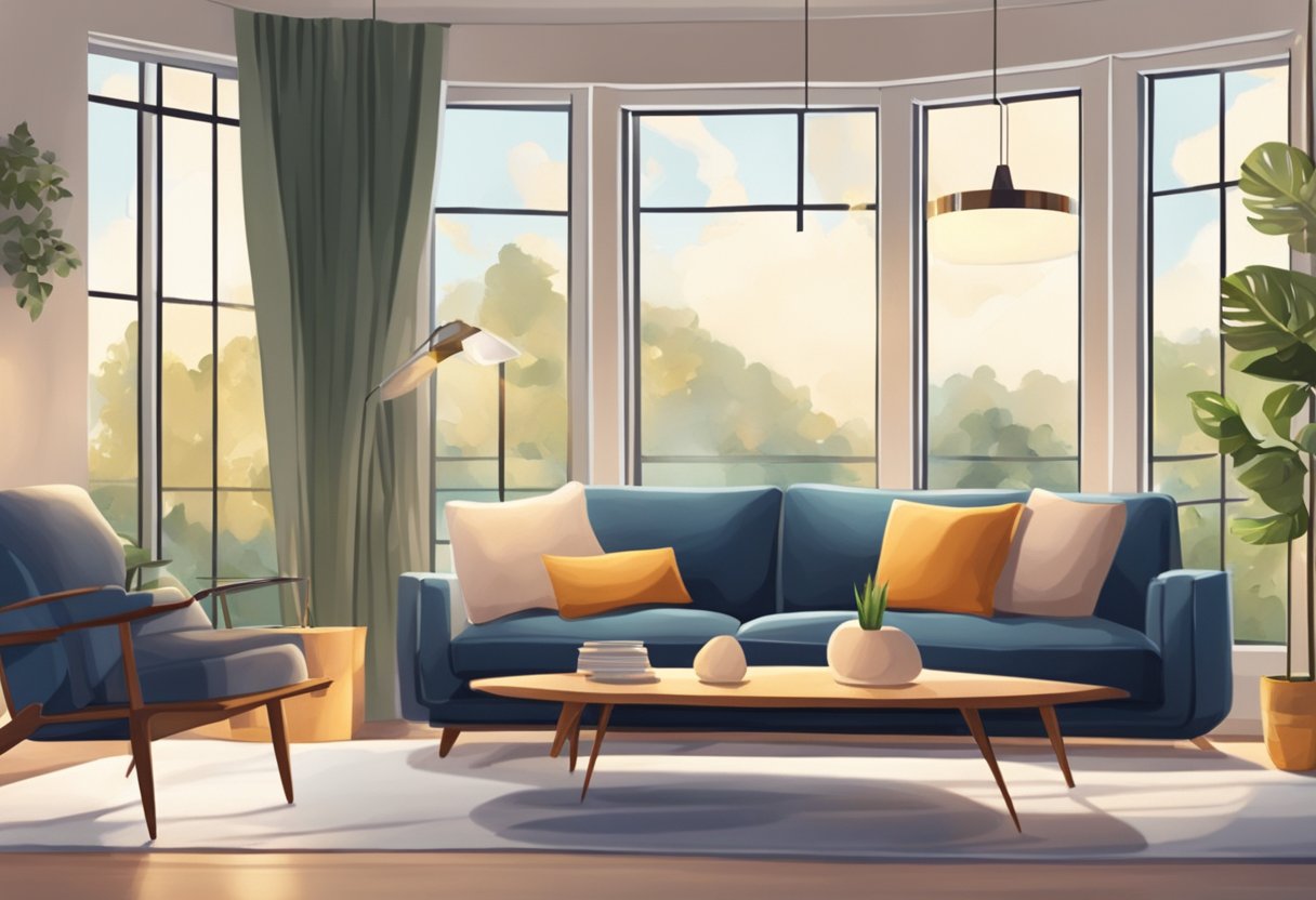 A cozy living room with a large window, comfortable furniture, soft lighting, and a peaceful atmosphere
