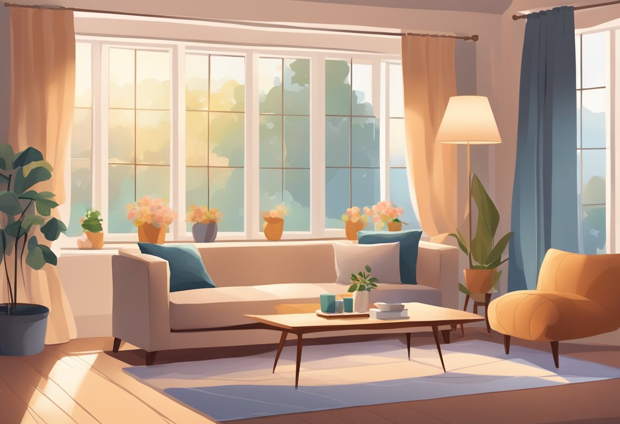 A cozy living room with soft lighting, plush furniture, and warm colors. A vase of fresh flowers sits on a side table, and a gentle breeze rustles the curtains