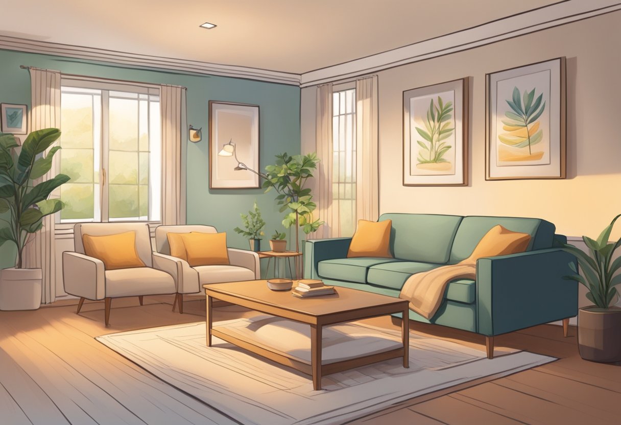 A serene living room with soft lighting, comfortable furniture, and a peaceful atmosphere. A caregiver providing compassionate support to a patient in need